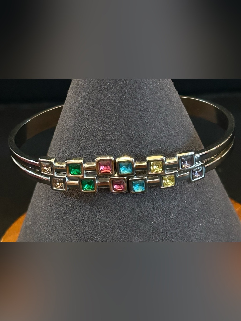 BAD Silver Multi-Color Square Crystal Bezel Set Double-Row Cuff Bracelet
